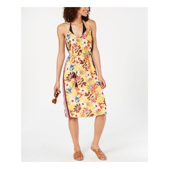 MIKEN SWIM Women's Yellow Floral V-Neck Knee Length Tie Swimsuit Cover Up XS - Picture 1 of 2